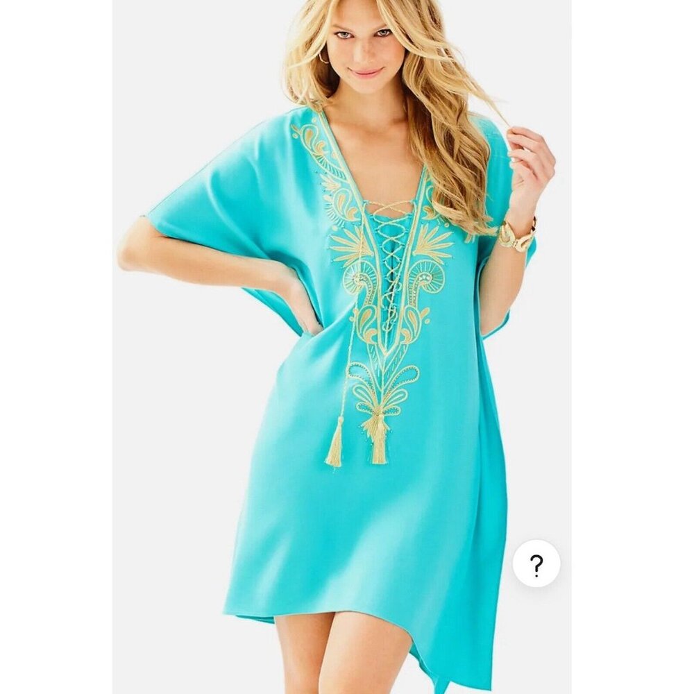LILLY PULITZER Beaded Seaside Aqua Chai Caftan Swimsuit Coverup S/M